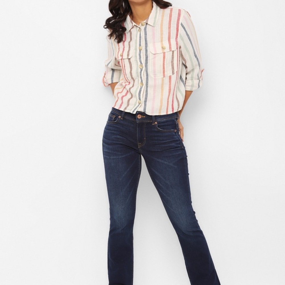 American Eagle Cream Multi Striped Button-Up Crop… - image 5